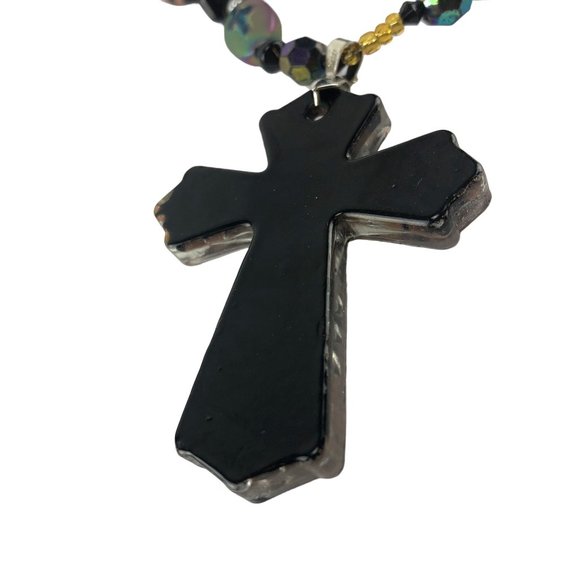 Necklace Set Cross Pendant Black & Copper Glass Bead with Earrings - Picture 4 of 6